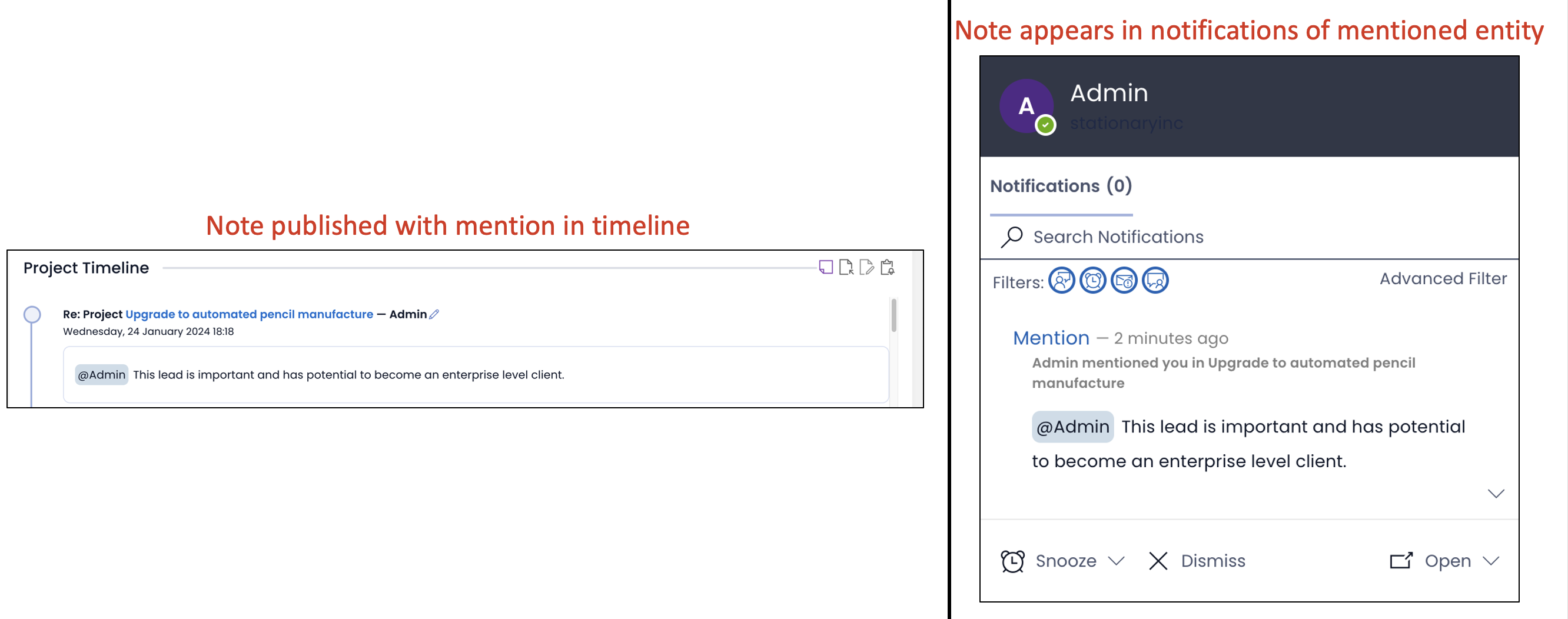 Image showing published note in timeline and notifications list of mentioned entity